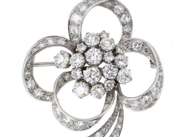 Vintage 1950s Floral Diamond Platinum Brooch, 6.00ct Total