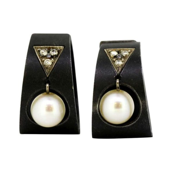 Vintage Marsh & Co. Steel Diamond Cultured Pearl and White Gold Earrings circa 1930's