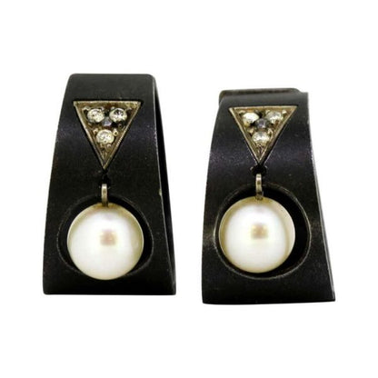Vintage Marsh & Co. Steel Diamond Cultured Pearl and White Gold Earrings circa 1930's