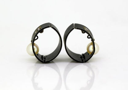 Vintage Marsh & Co. Steel Diamond Cultured Pearl and White Gold Earrings circa 1930's