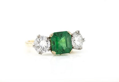 Vintage 2.2ct Natural Zambian Emerald and Diamond Three Stone Engagement Ring
