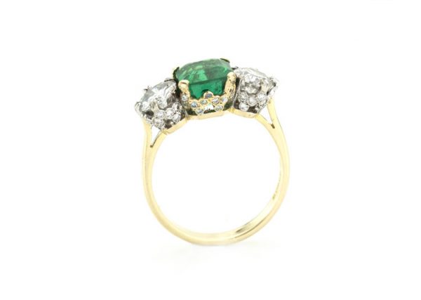 Vintage 2.2ct Natural Zambian Emerald and Diamond Three Stone Engagement Ring