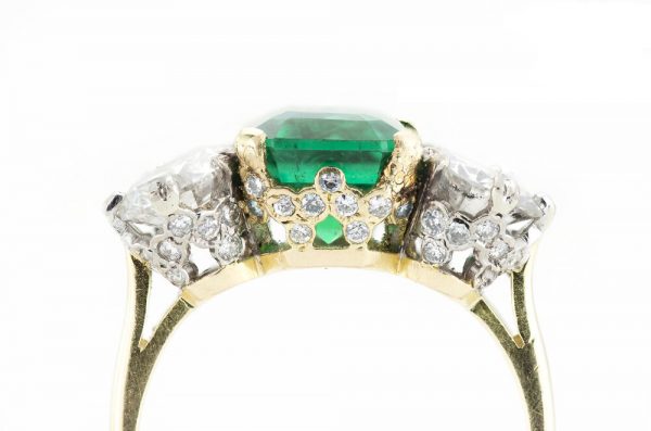 Vintage 2.2ct Natural Zambian Emerald and Diamond Three Stone Engagement Ring