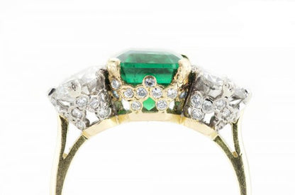 Vintage 2.2ct Natural Zambian Emerald and Diamond Three Stone Engagement Ring