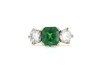 Vintage 2.2ct Natural Zambian Emerald and Diamond Three Stone Engagement Ring