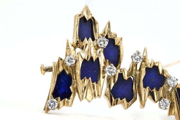 Vintage Swiss 18ct Gold Brooch with Diamonds and Lapis Lazuli