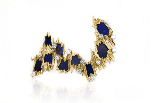 Vintage Swiss 18ct Gold Brooch with Diamonds and Lapis Lazuli