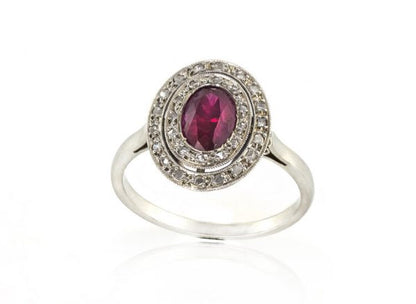Antique French Art Deco Natural Ruby and Diamond 18ct White Gold Ring