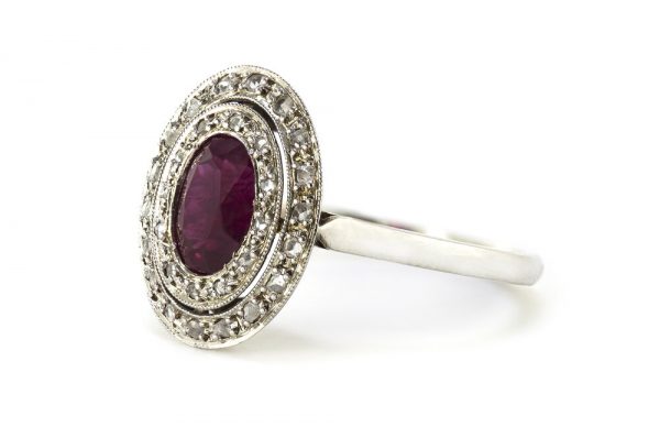 Antique French Art Deco Natural Ruby and Diamond 18ct White Gold Ring
