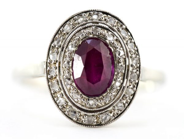 Antique French Art Deco Natural Ruby and Diamond 18ct White Gold Ring