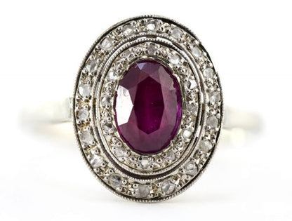 Antique French Art Deco Natural Ruby and Diamond 18ct White Gold Ring