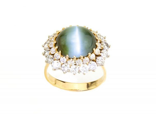 Natural Cat's Eye Chrysoberyl and Diamond Cluster Ring, 18ct Gold, 11.00ct Total