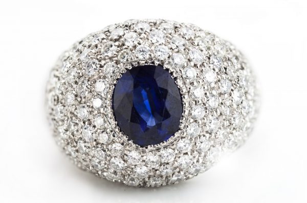 Natural Sapphire and Diamond Dome Ring, 18ct White Gold