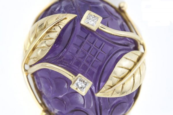 Vintage 140ct Carved Amethyst and Diamond Pendant, 18ct Gold