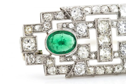 Antique Art Deco Emerald and Diamond Brooch, Platinum