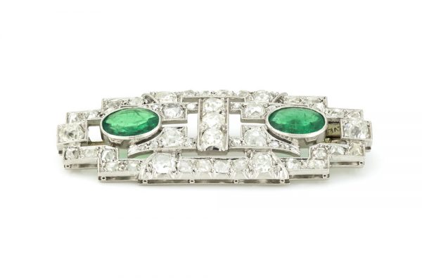 Antique Art Deco Emerald and Diamond Brooch, Platinum