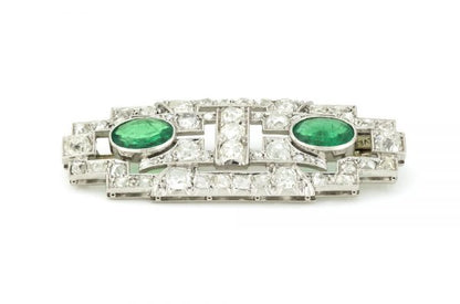 Antique Art Deco Emerald and Diamond Brooch, Platinum