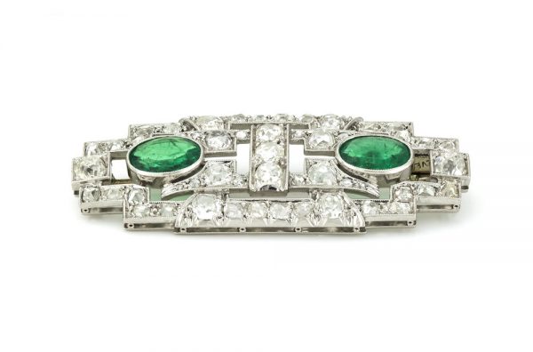 Antique Art Deco Emerald and Diamond Brooch, Platinum
