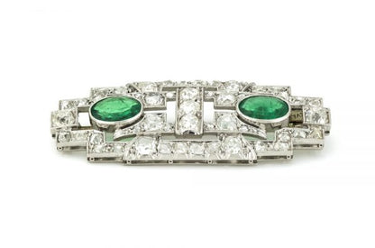 Antique Art Deco Emerald and Diamond Brooch, Platinum