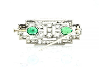 Antique Art Deco Emerald and Diamond Brooch, Platinum