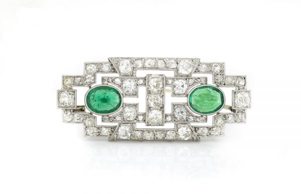 Antique Art Deco Emerald and Diamond Brooch, Platinum