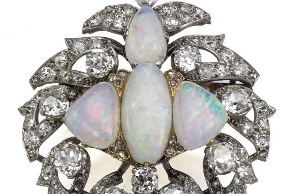 Antique Victorian Opal and Diamond Brooch, Platinum