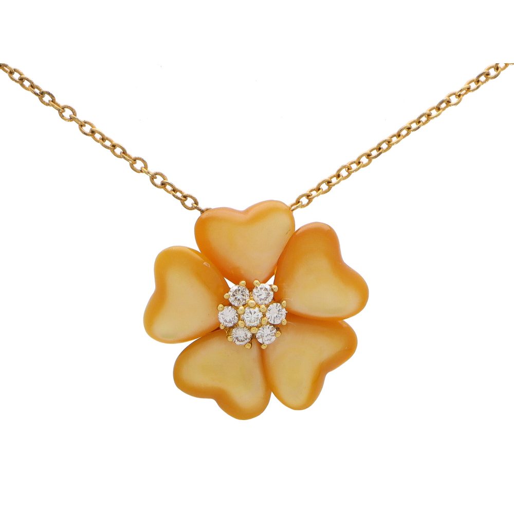 Vintage Mother of Pearl and Diamond Flower Pendant Necklace; five petaled flower of carved lustrous mother of pearl with a central fine cluster of diamonds in 18ct yellow gold
