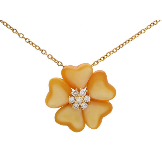 Vintage Mother of Pearl and Diamond Flower Pendant Necklace; five petaled flower of carved lustrous mother of pearl with a central fine cluster of diamonds in 18ct yellow gold