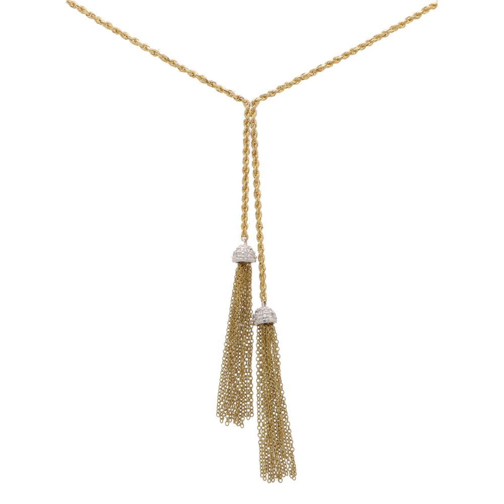 Vintage Diamond and Gold Tassel Necklace; two strands of 14ct yellow gold chain leading to a display of articulated yellow gold tassels fixed into place by white gold diamond set caps