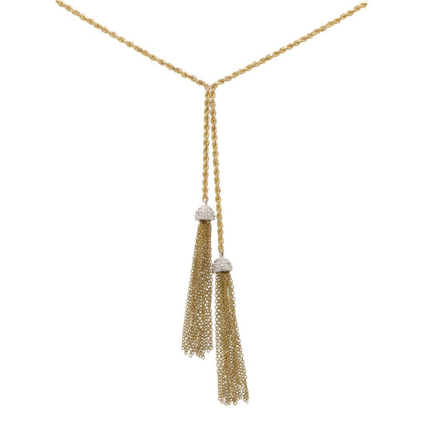 Vintage Diamond and Gold Tassel Necklace; two strands of 14ct yellow gold chain leading to a display of articulated yellow gold tassels fixed into place by white gold diamond set caps