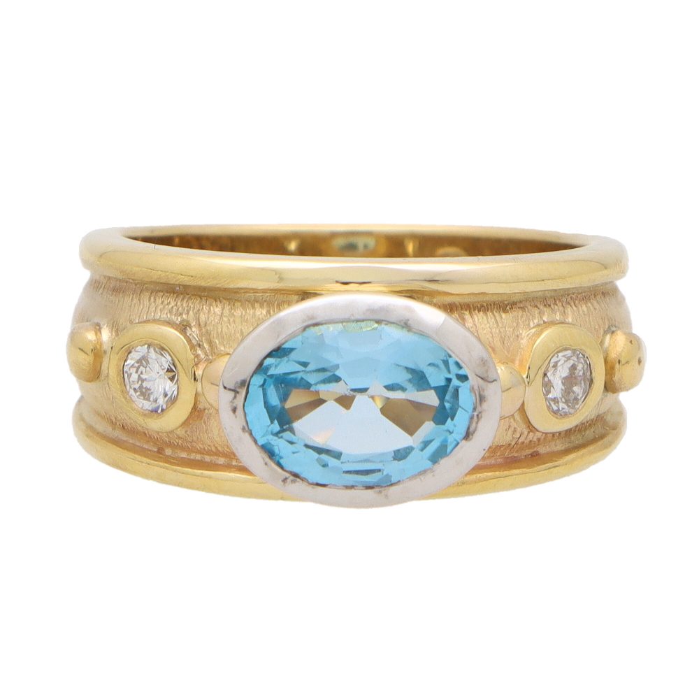 Vintage Aquamarine and Diamond Etruscan Inspired Gold Band Ring