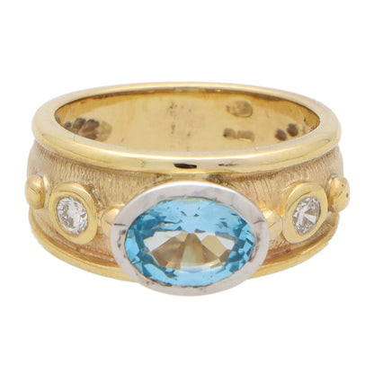Vintage Aquamarine and Diamond Etruscan Inspired Gold Band Ring