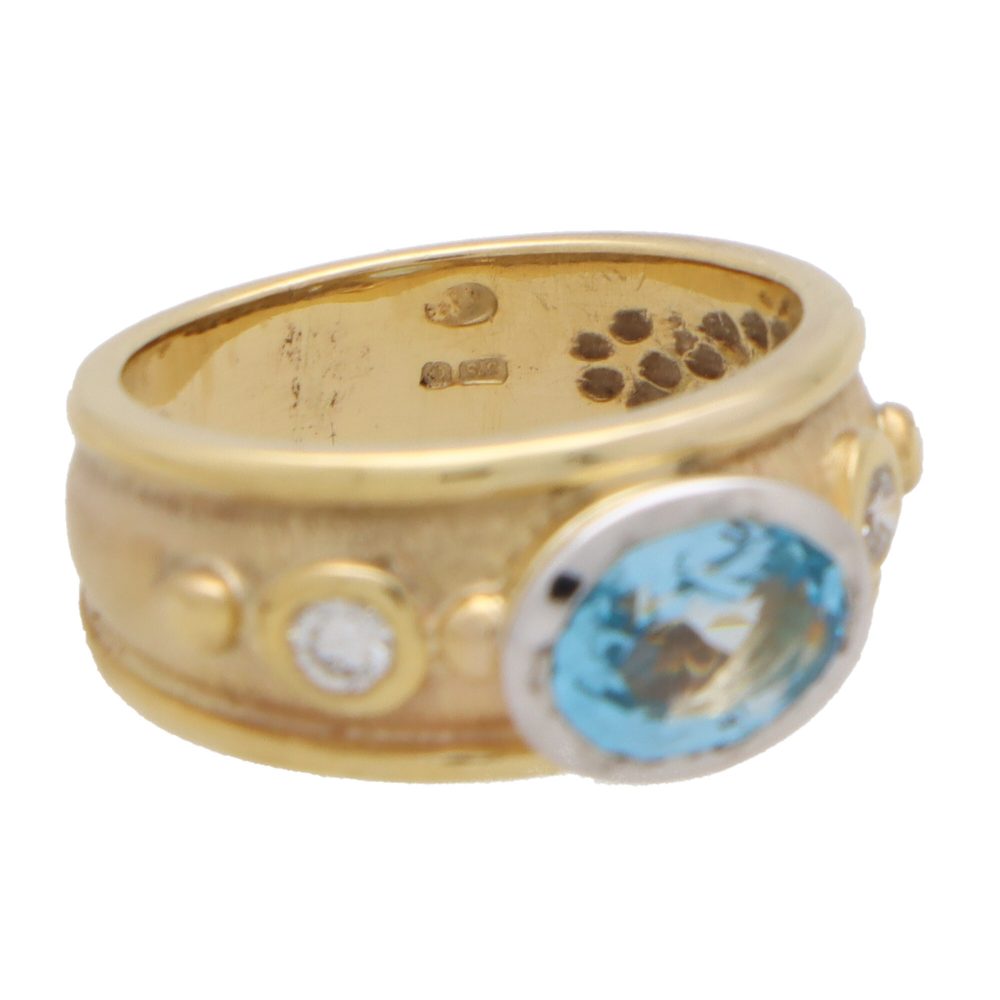 Vintage Aquamarine and Diamond Etruscan Inspired Gold Band Ring