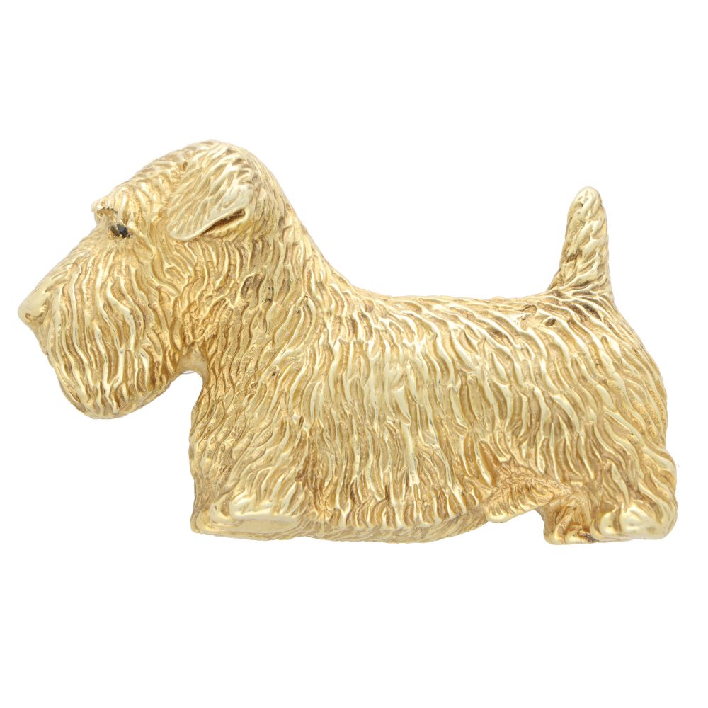Yellow Gold Scottish Terrier Dog Brooch with Sapphire Eyes
