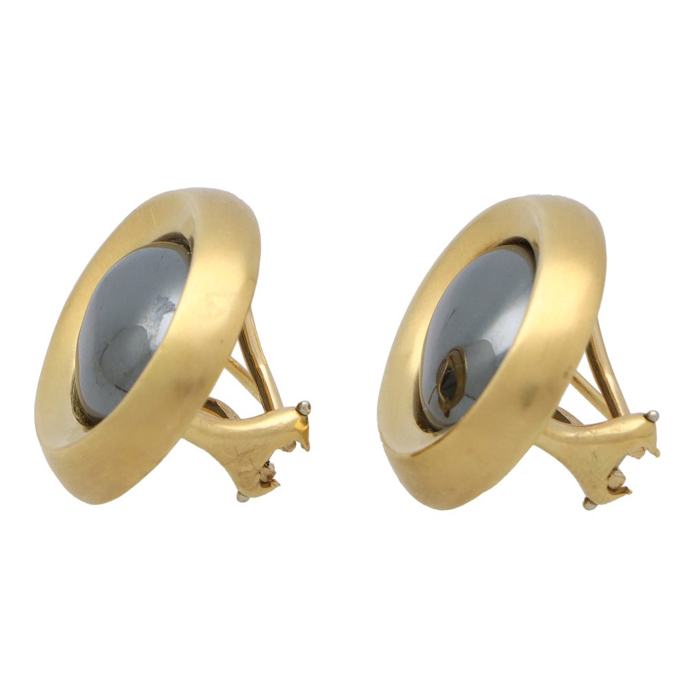 Vintage Angela Cummings hematite earrings set in yellow gold.