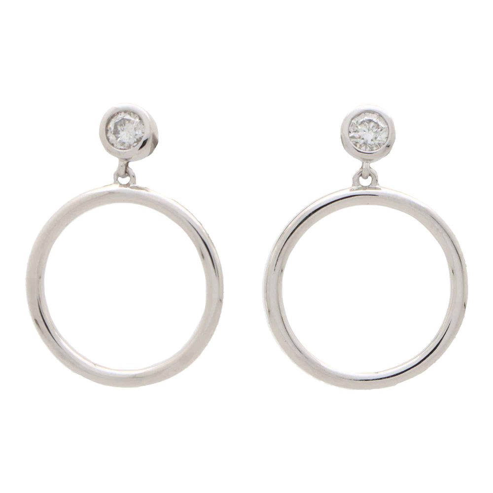 Modern Diamond Set White Gold Circle Hoop Drop Earrings