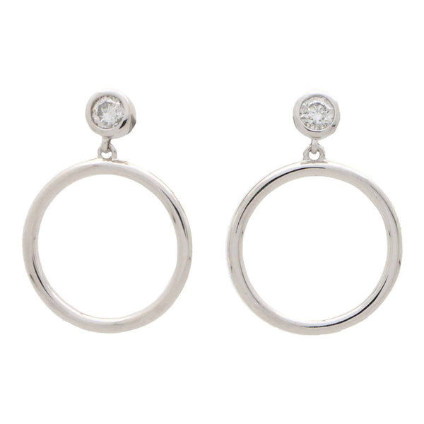 Modern Diamond Set White Gold Circle Hoop Drop Earrings