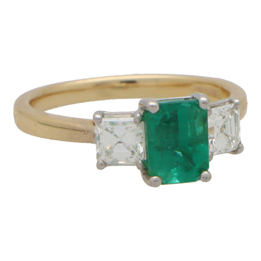 Emerald Cut Emerald and Asscher Cut Diamond Trilogy Ring