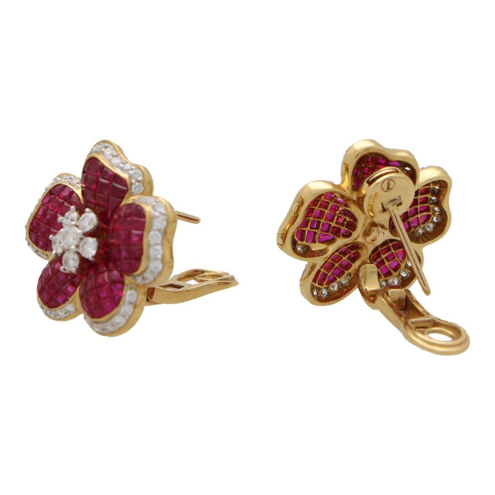 14.38ct Ruby and Diamond Floral Motif Cluster Earrings