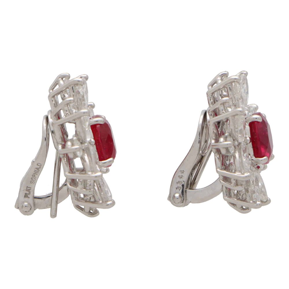 4.25ct Cushion Cut Ruby, Diamond and Platinum Cluster Earrings