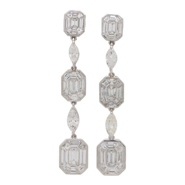 Art Deco Inspired Emerald Cut Graduating Diamond Drop Earrings