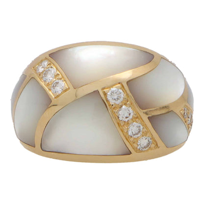 Vintage mother of pearl and diamond bombé ring in yellow gold.