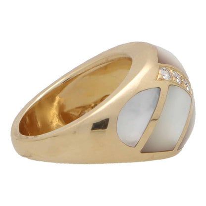 Vintage mother of pearl and diamond bombé ring in yellow gold.