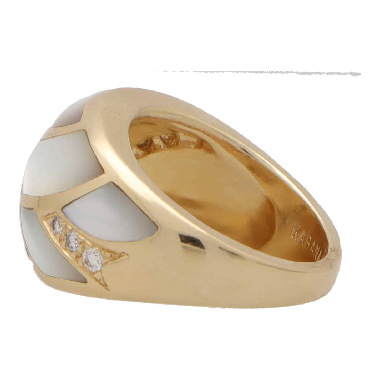 Vintage mother of pearl and diamond bombé ring in yellow gold.