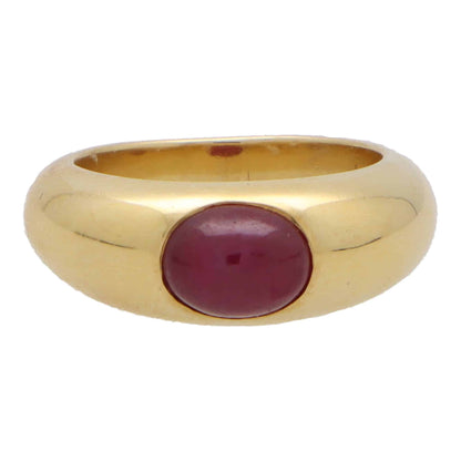 Vintage cabochon ruby gypsy set chunky ring in yellow gold.