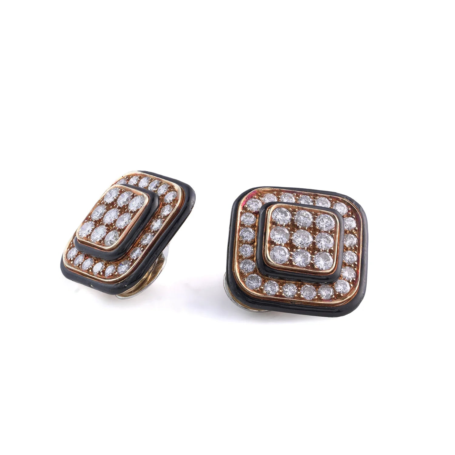Vintage 18 Carat Gold Black Enamel And Diamond Clip-On Earrings