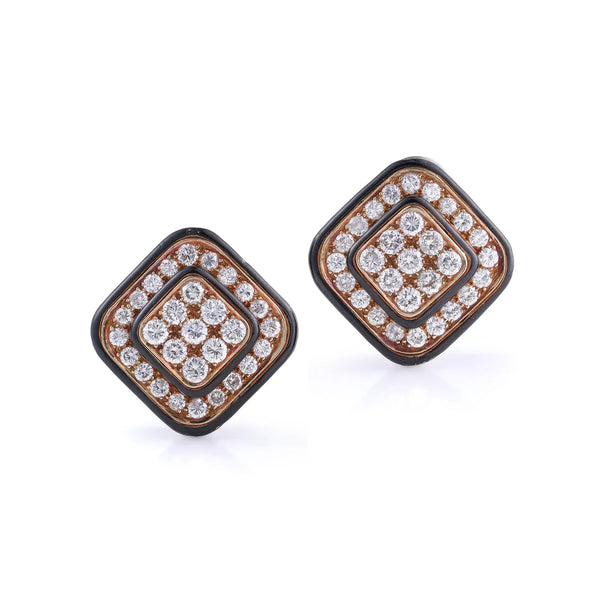 Vintage 18 Carat Gold Black Enamel And Diamond Clip-On Earrings