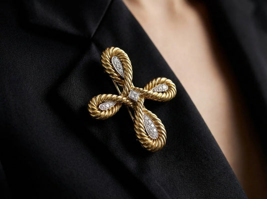 Van Cleef & Arpels Diamond Rope-Work Cross Brooch (c. 1980's)