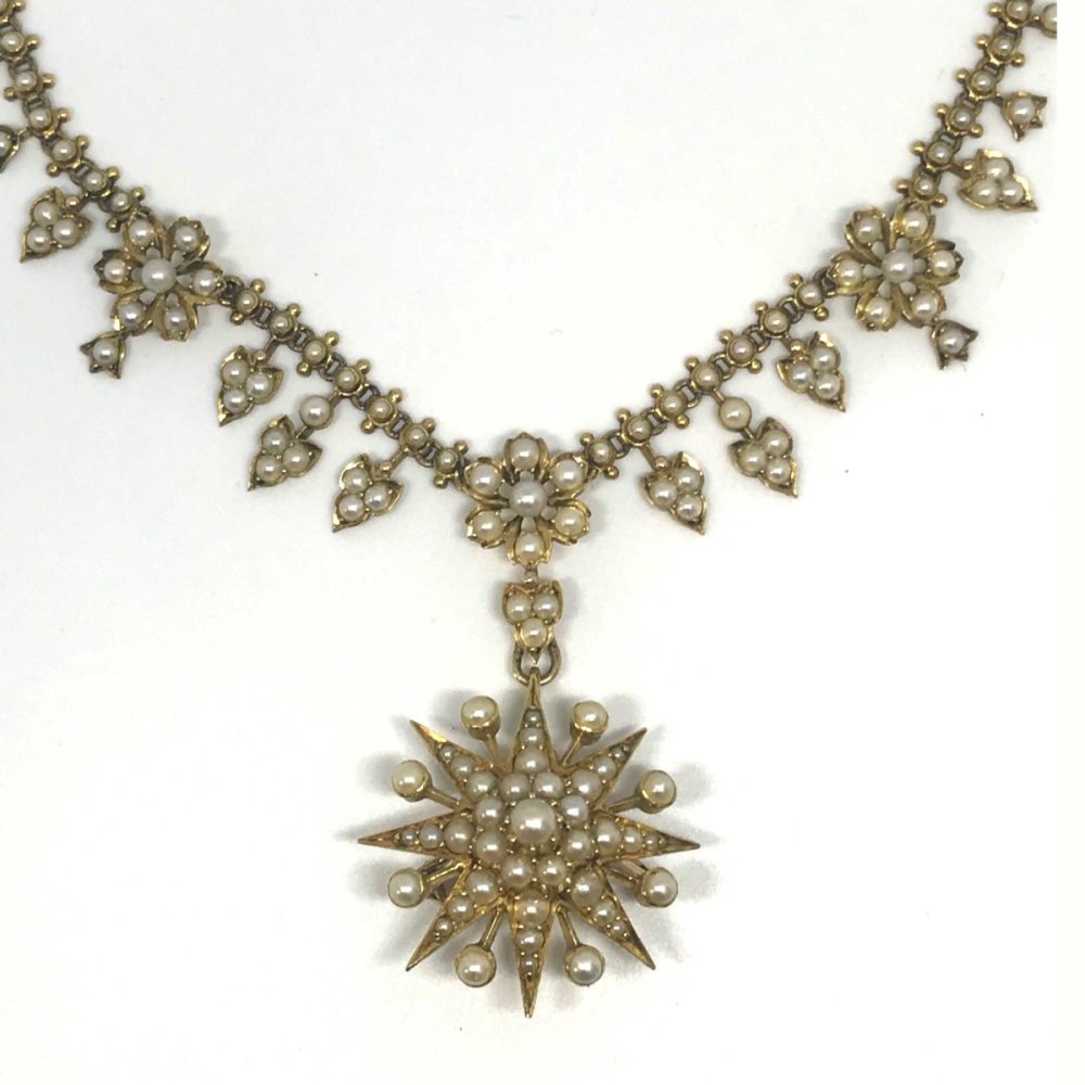 Antique Victorian Edwardian Seed Pearl Necklace & Brooch