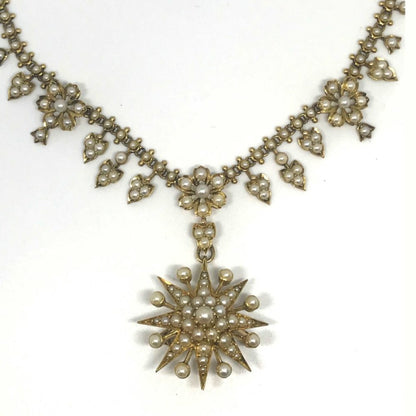 Antique Victorian Edwardian Seed Pearl Necklace & Brooch